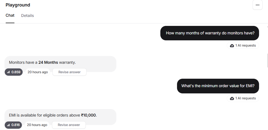 Output artifact for "Grounded Support Question Answering" test: The bot said monitors have a 24-month warranty and EMI is available for eligible orders above ₹10,000., image-8.png