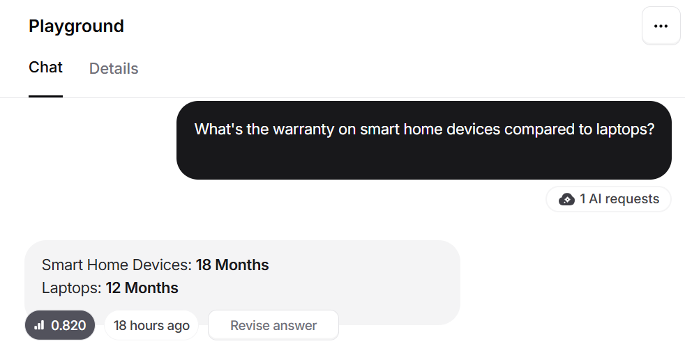 Output artifact for "Grounded Support Question Answering" test: The bot answered Smart Home Devices: 18 Months and Laptops: 12 Months, and explicitly made the comparison., image-9.png