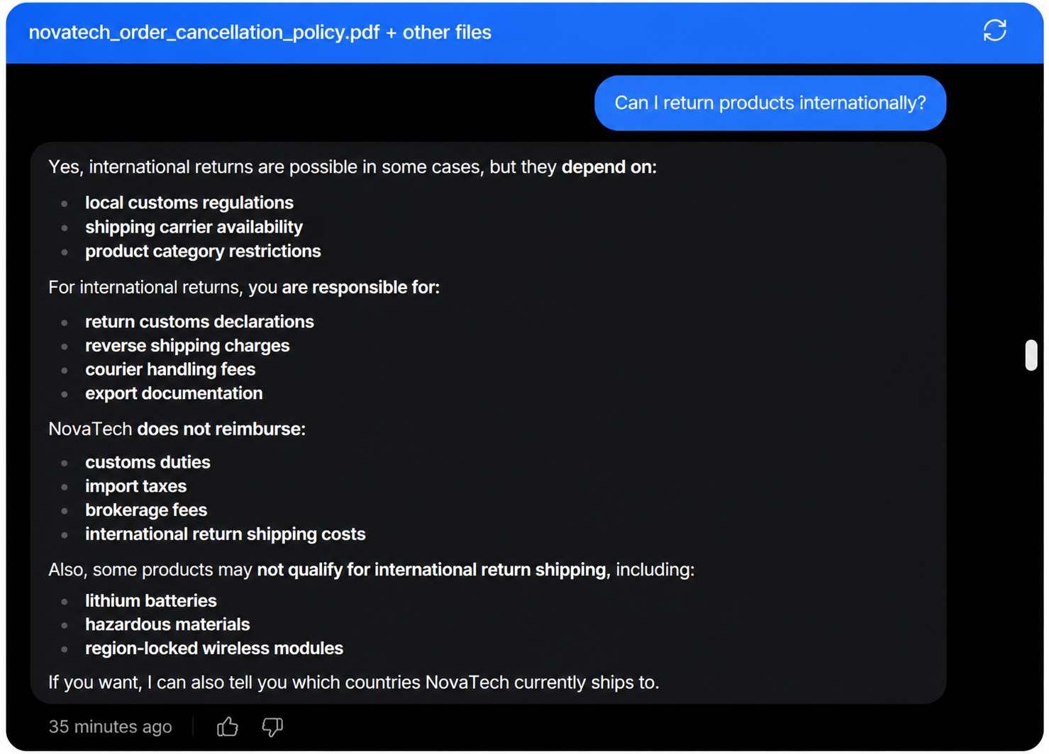 Chatbase output showing The response correctly explained that international returns are possible under conditions and listed customer responsibi