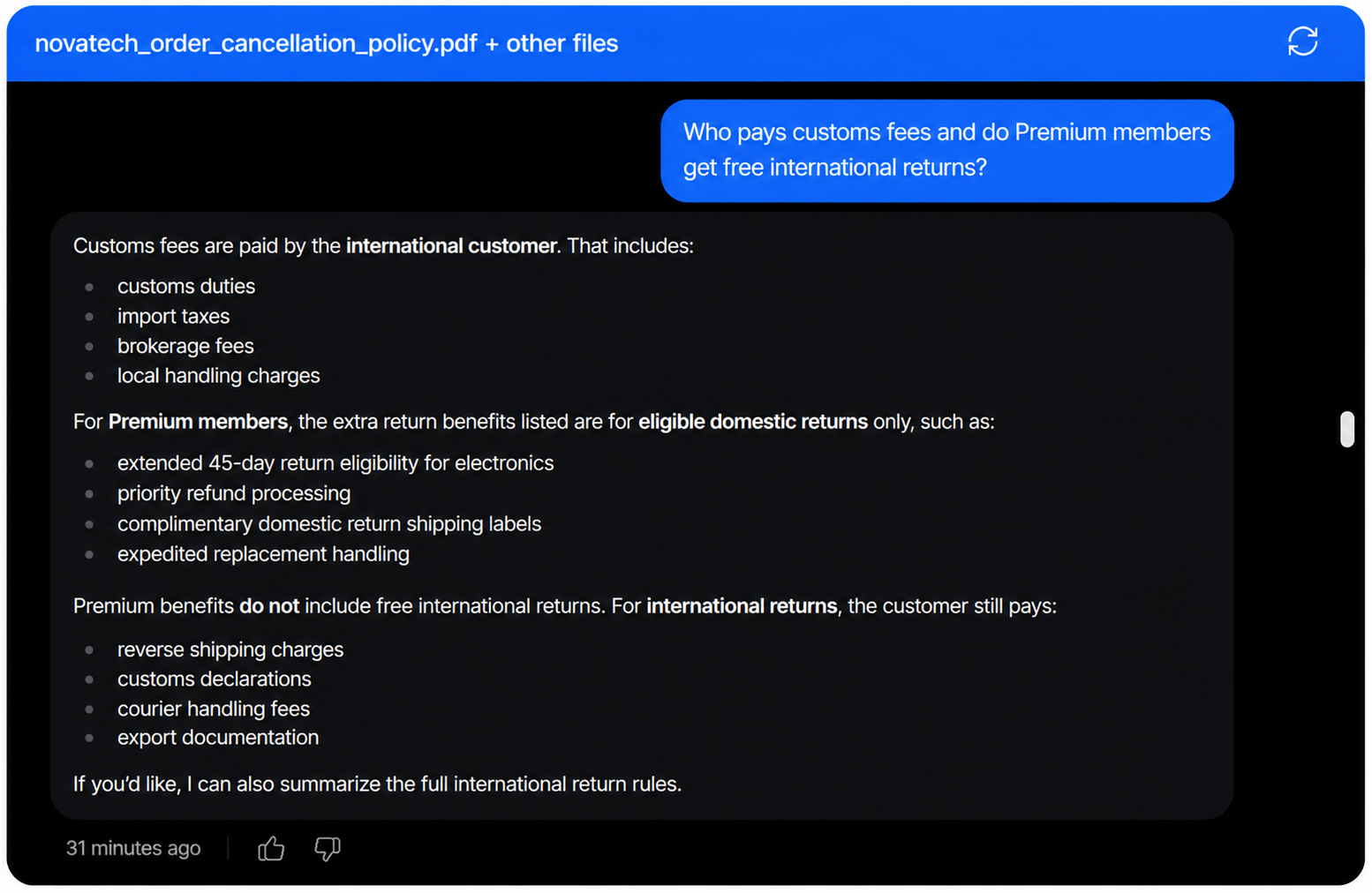 Chatbase output showing The follow-up correctly clarified that customs fees are paid by the customer and that Premium return benefits apply dome
