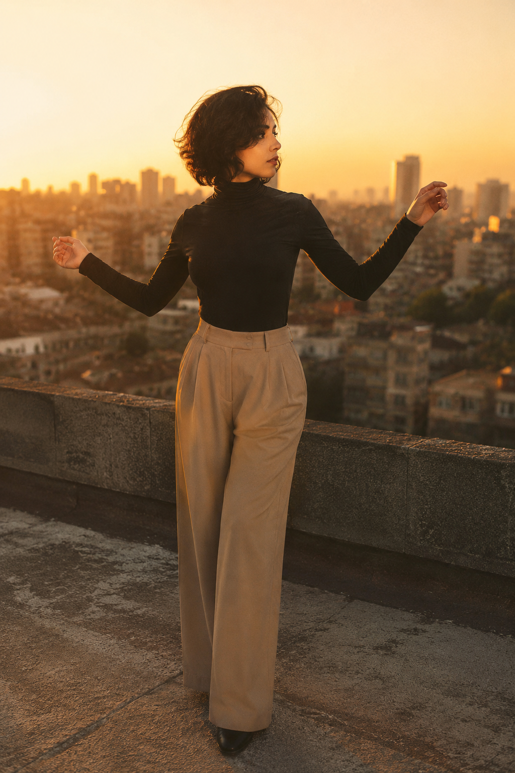 Output artifact for "Reference-Based Image Editing" test: Rooftop golden-hour output kept the near-profile angle, hair, clothing, lighting, skyline, and rooftop railing accurate, with only light beautification on the facial features., ChatGPT Image Jun 9, 2026, 11_44_28 PM.png