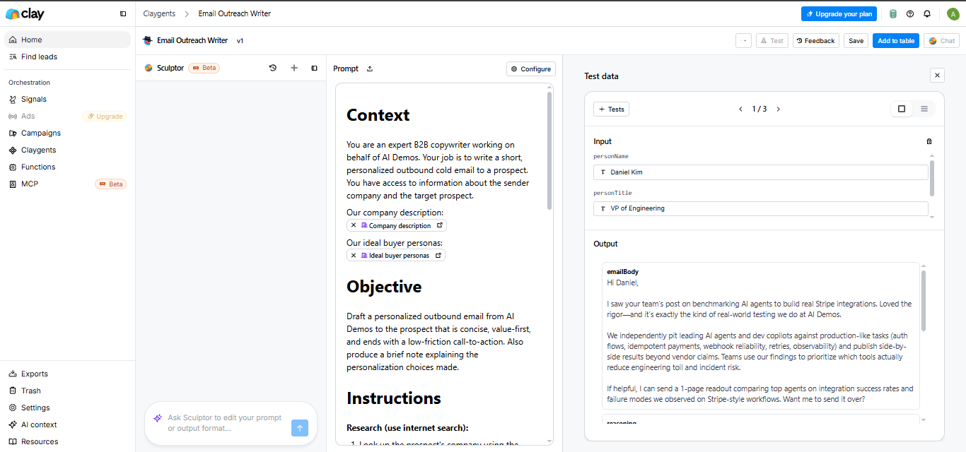 Output artifact for "AI-generated outreach emails inside the workflow" test: Clay's Email Outreach Writer showed a full agent prompt with context, objective, and instructions, and the test pane generated an email draft for Daniel Kim. Th, clay-clay-email-outreach-writer-sculptor.png