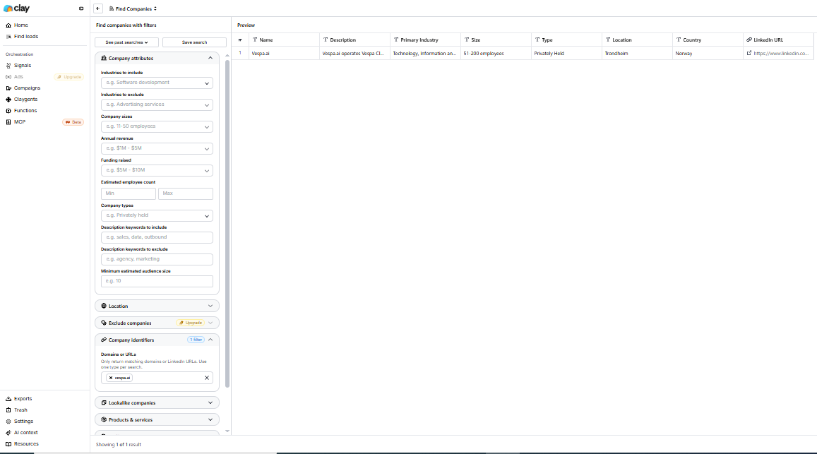 Output artifact for "Company lookup from a known company input" test: Clay's Find Companies workflow narrowed the search to a single matching company record. The result screen exposed a full filter sidebar plus company-level detai, clay-clay-find-companies-one-result.png