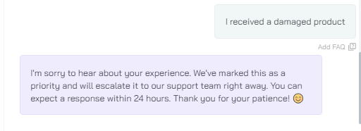 Output artifact for "Custom Workflows" test: AI Agent response: I'm sorry to hear about your experience. We've marked this as a priority and escalated it to our support team. You can expect a response within 24 hours. Thank you for your patience! 🌟, complaint output.png