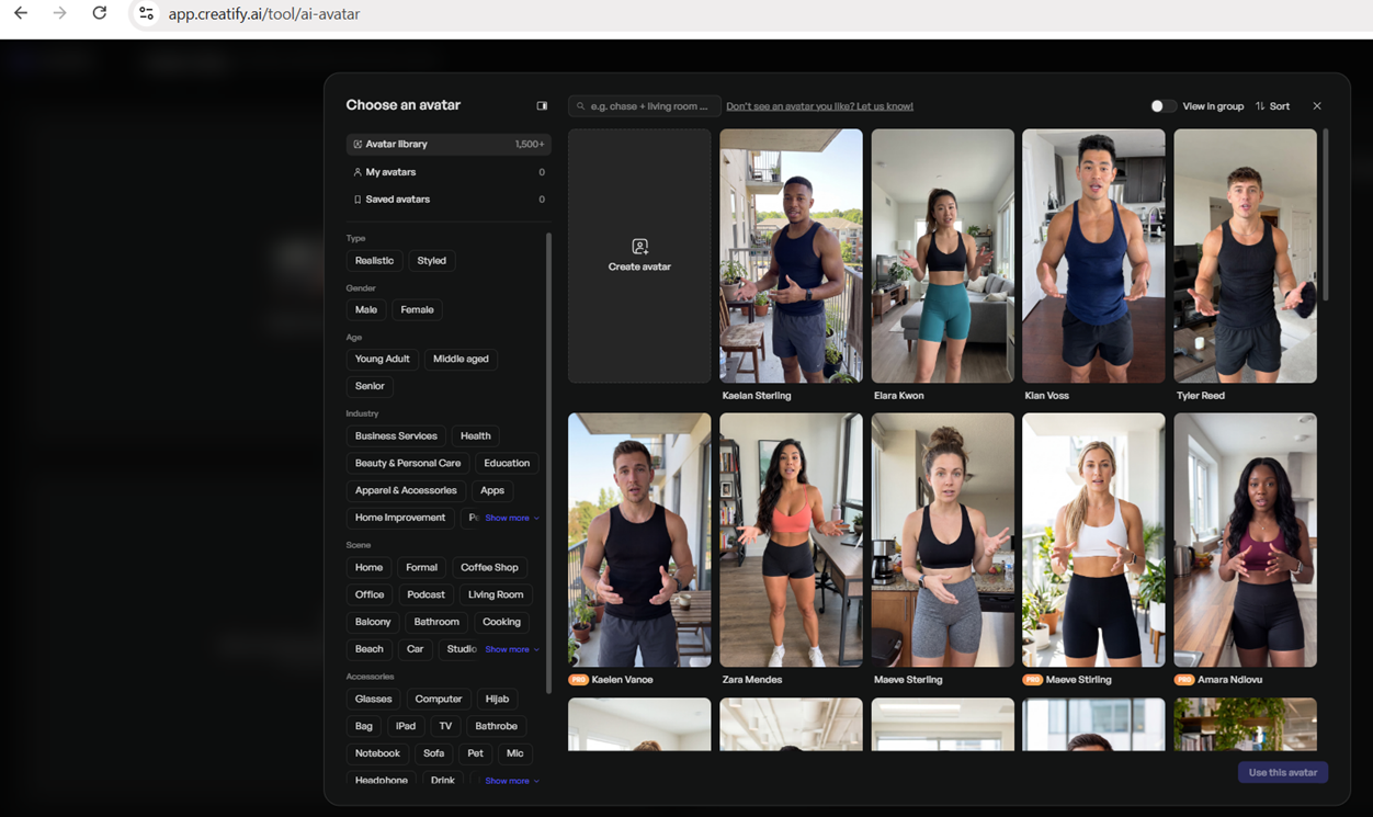 Input artifact for "Avatar library selection" test: Input, creatify-avatar-library.png