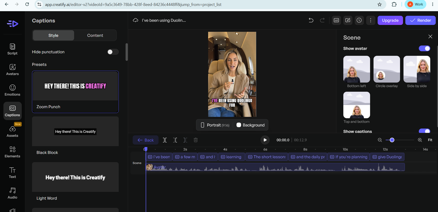 Output artifact for "Caption styling" test: The captions panel displayed selectable preset styles, content controls, and a hide-punctuation toggle, showing that caption appearance can be adjusted before export., creatify-caption-editor.png
