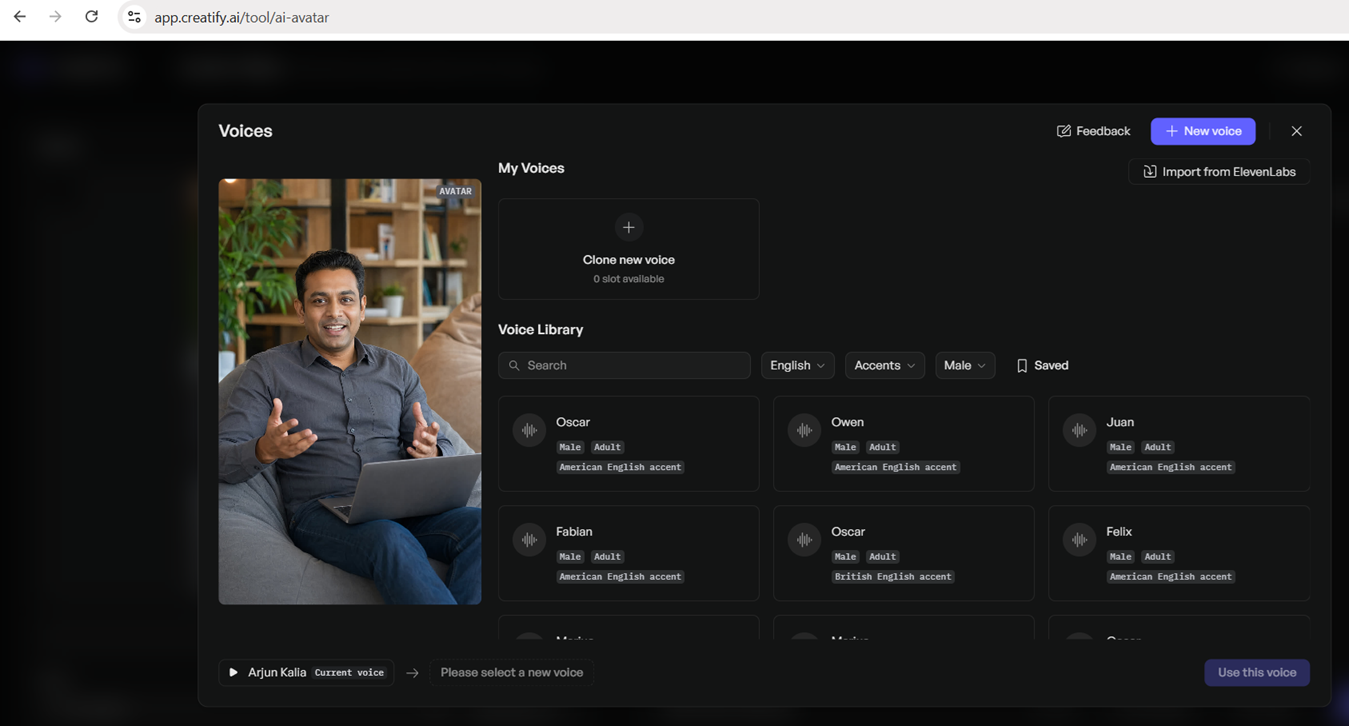 Input artifact for "Voice library and language filtering" test: Input, creatify-voice-library.png