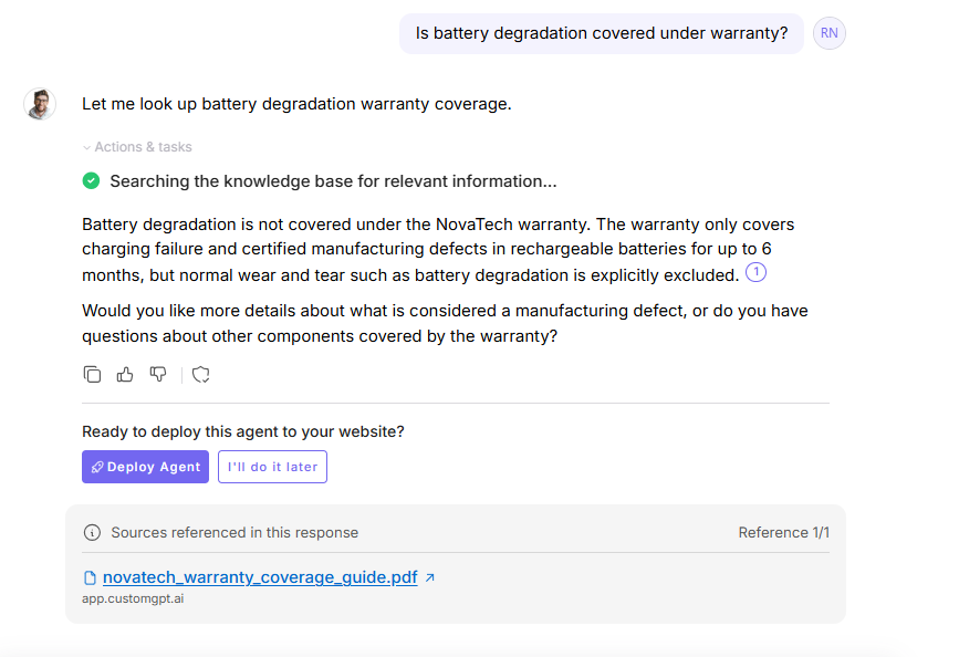Output artifact for "Conversational follow-up handling" test: On the follow-up 'Is battery degradation covered under warranty?', CustomGPT kept the warranty context and made the subtle but important distinction that normal, customgpt-battery-degradation-warranty-answer.png