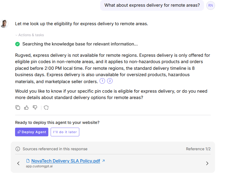 Output artifact for "Conversational follow-up handling" test: On 'What about express delivery for remote areas?', it preserved the shipping context and answered directly that express delivery is not available for remote re, customgpt-express-delivery-remote-areas-policy.png