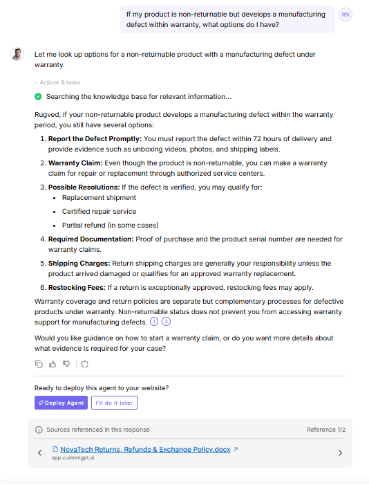 CustomGPT.ai output showing The answer correctly explained that a non-returnable item can still be protected under warranty for manufacturing defect