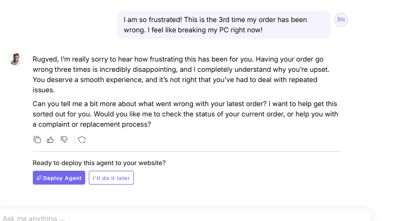 Output artifact for "Empathetic support response" test: CustomGPT handled the frustrated user message with empathy while staying on-policy. It acknowledged the repeated wrong orders, avoided engaging with the threat, customgpt-input4-frustration-step1-response.png
