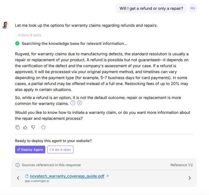 Output artifact for "Conversational follow-up handling" test: On 'Will I get a refund or only a repair?', it correctly said repair or replacement is the usual warranty outcome and that refunds are possible but depend on ve, customgpt-warranty-refund-vs-repair-response.png