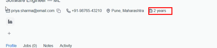 Output artifact for "Profile header extraction" test: The header is extracted correctly, but the experience badge shows 2 years even though the report says Priya has about 6.5 years of experience., p4_2years.png
