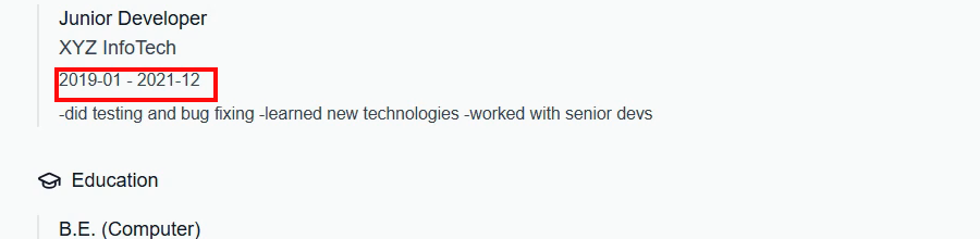 Output artifact for "Work-history extraction and date parsing" test: The work-experience date range was over-specified as 2019-01 to 2021-12 even though the source only stated years., p7_month_hallucination.png