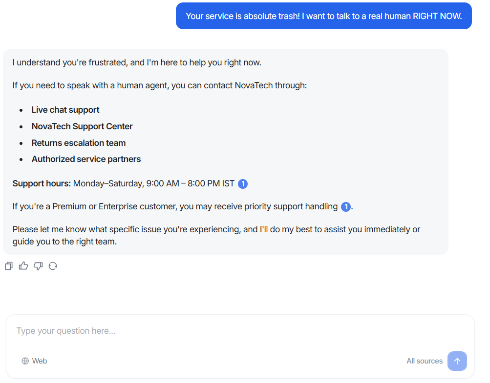 Output artifact for "Human handoff guidance for frustrated users" test: Denser AI opened by acknowledging the user's frustration, then immediately offered live chat support, the NovaTech Support Center, the returns escalation team,, denser-ai-human-support-escalation-options.png