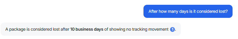 Output artifact for "Conversational follow-up retrieval" test: Denser AI answered precisely that a package is considered lost after 10 business days with no tracking movement. The response stayed on topic and showed it reta, denser-ai-package-considered-lost-after-10-business-days.png