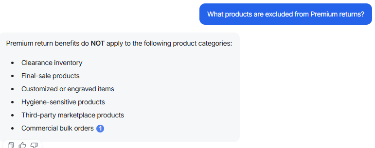 Output artifact for "Grounded knowledge-base answers with visible citations" test: Denser AI listed all six excluded categories correctly—clearance inventory, final-sale products, customized or engraved items, hygiene-sensitive products, third, denser-ai-premium-return-exclusions.png