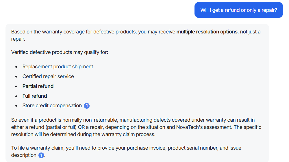 Output artifact for "Conversational follow-up retrieval" test: Denser AI clearly confirmed that a warranty-covered defect may lead to several outcomes—not just repair—including replacement, partial refund, full refund, or s, denser-ai-warranty-refund-or-repair-options.png