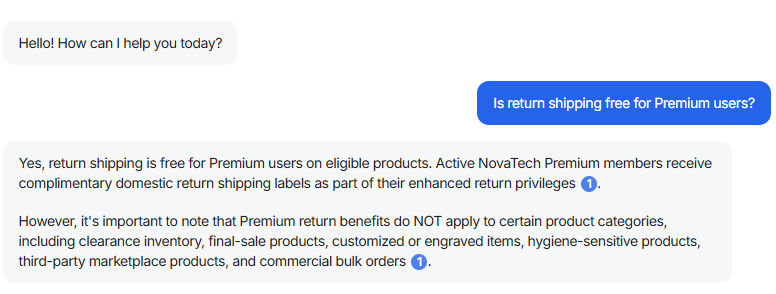 Output artifact for "Grounded knowledge-base answers with visible citations" test: Denser AI correctly said return shipping is free for Premium users on eligible products and mentioned complimentary domestic return shipping labels as part of t, denserAI-input1-premium-return-shipping-step1-initial-response.png