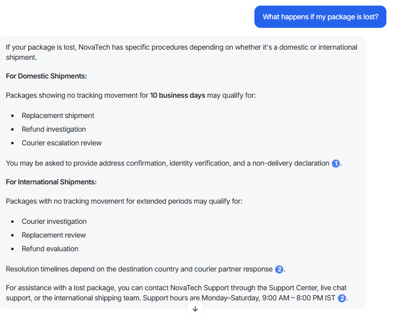 Denser AI output showing The answer separated domestic and international lost-shipment procedures instead of flattening them into one rule set, a