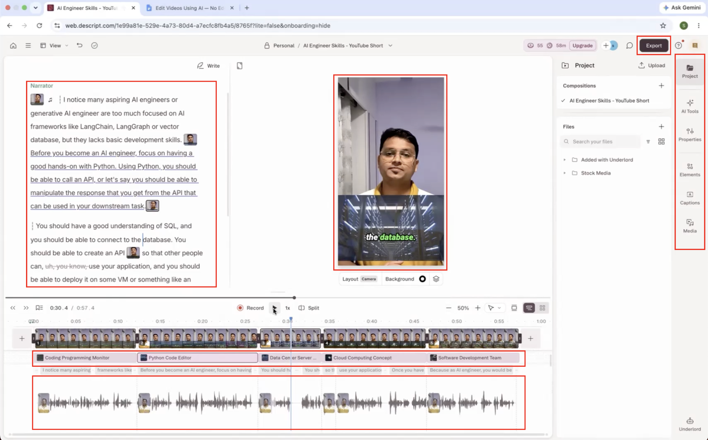 Output artifact for "Integrated Review and Export" test: The transcript, timeline, AI suggestions, and export controls stay in one workspace, but the final cut still needed manual verification before publishing., Descript-input1-failure-3-manual-review-required-before-publishing.png