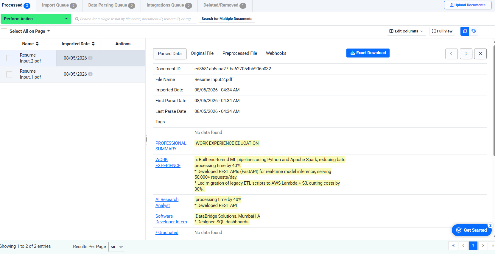 Output artifact for "Template-Based Resume Field Extraction" test: The same template accepted a differently structured resume, but the parsed-data panel was only partially populated and much of the content did not align cleanly with the intended fields., image-5.png