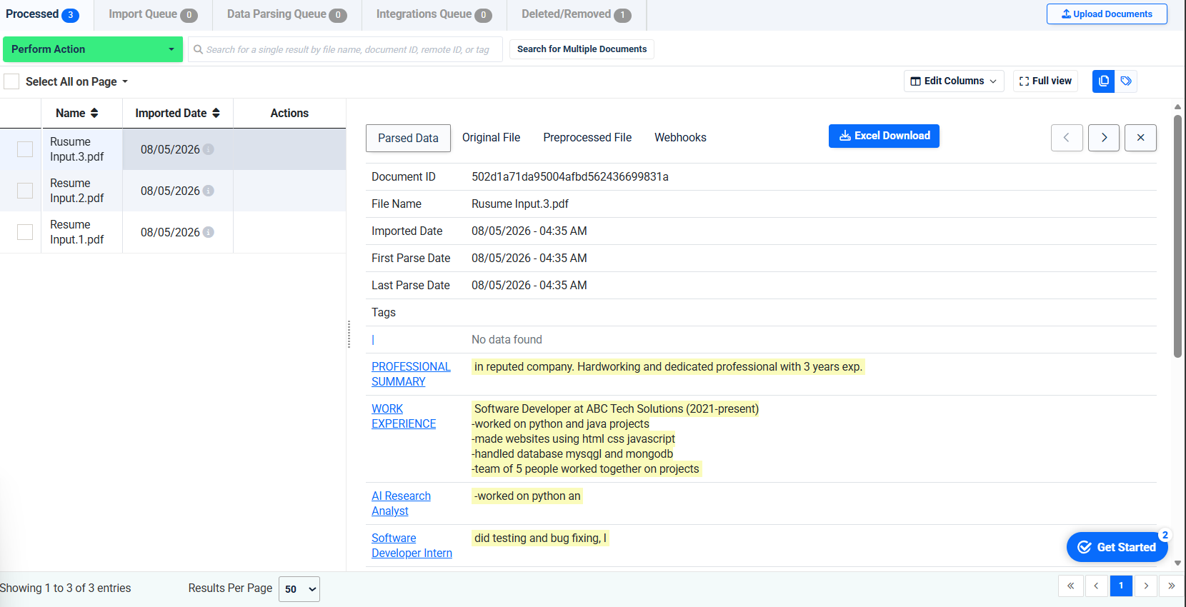 Output artifact for "Template-Based Resume Field Extraction" test: Docparser still extracted work experience and a short professional summary from the messy resume, but some text was clipped and partial., image-8.png