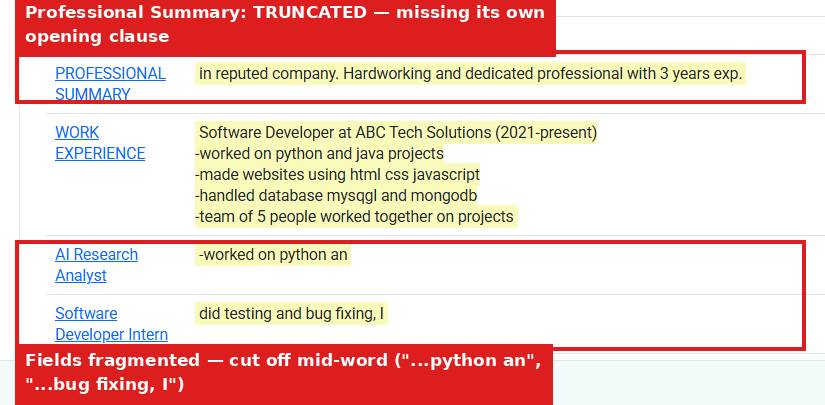 Output artifact for "Template-Based Resume Field Extraction" test: The messy resume produced a truncated Professional Summary and fragmented field values, including mid-word cutoffs in the job-title fields., image-9.png