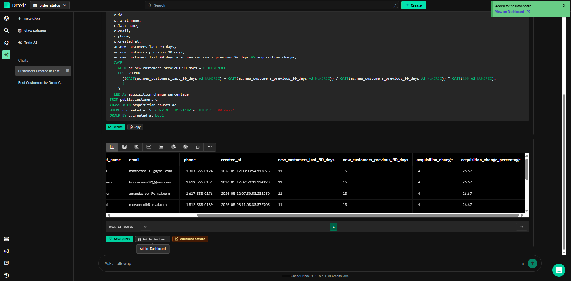 Output artifact for "Add to Dashboard" test: After generating the result, Draxlr showed an Add to Dashboard action around the result area., draxlr-draxlr-add-to-dashboard-confirmation.png