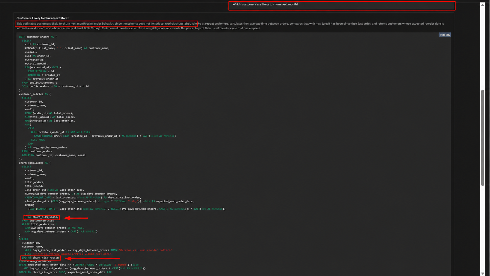 Output artifact for "Predictive business metric handling" test: Draxlr generated a SQL-backed churn prediction even though the schema did not include an explicit churn label, churn model, or customer risk table., draxlr-draxlr-churn-assumption-sql-caution.png