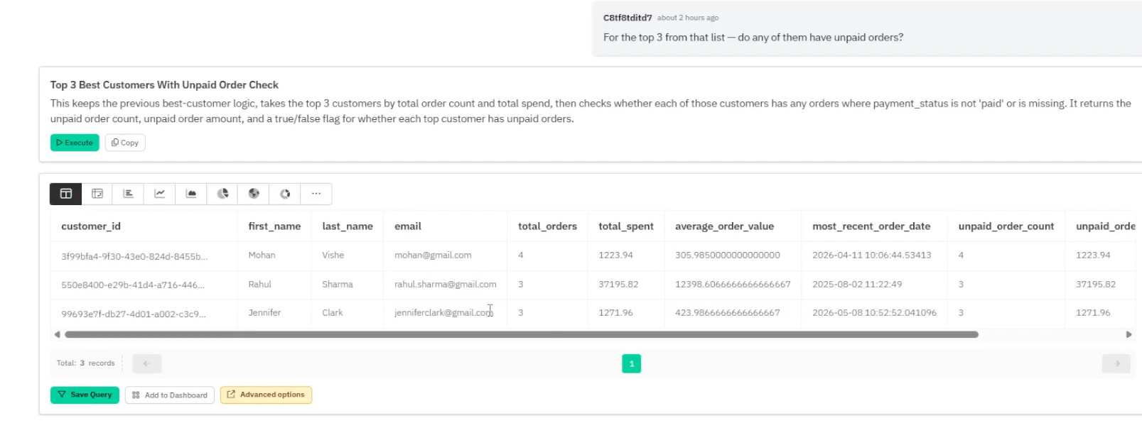 Output artifact for "Multi-Turn Query Context" test: Draxlr kept the top customer context from the previous query and checked unpaid orders only for those selected customers. It returned:
* Vikram Singh — no unpai, draxlr-multi-turn-query-context-1.png