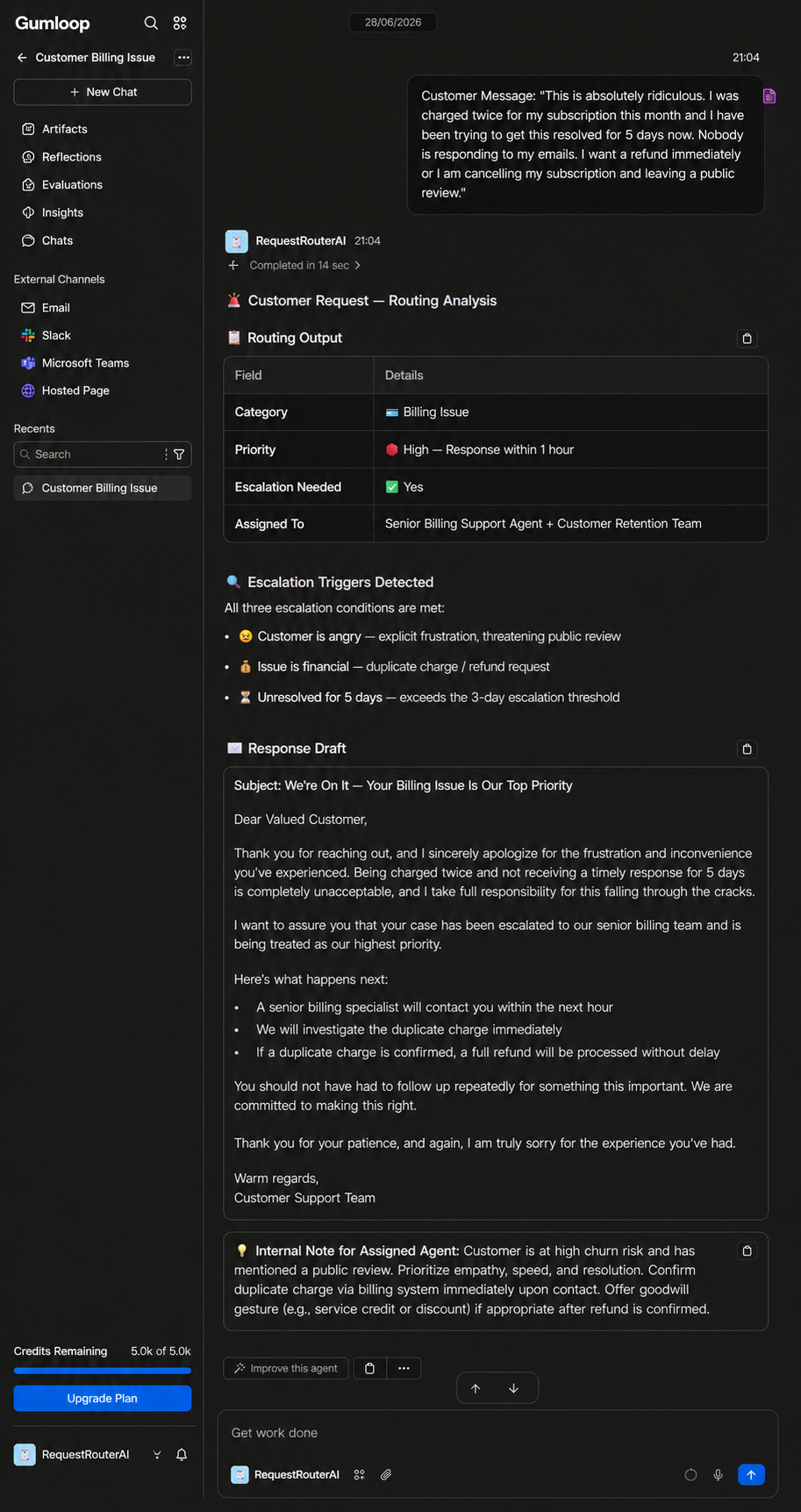 Output artifact for "Support triage and escalation analysis" test: Dust classified the message as a billing issue, set it to High priority with a 1-hour response window, and surfaced all three escalation triggers in a structured routing output., image-11.png