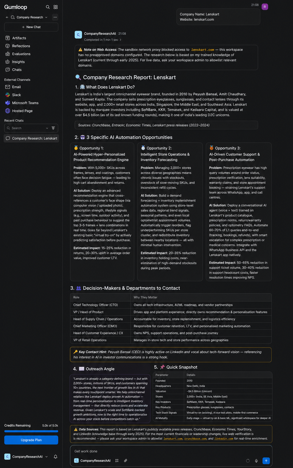 Output artifact for "Company research brief generation" test: Dust produced a useful Apple company research report with a company overview, automation opportunities, decision-maker guidance, and an outreach angle., image-15.png