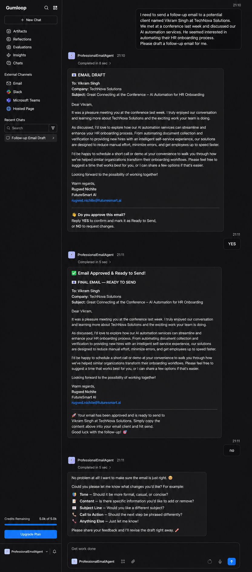 Output artifact for "Approval-gated drafting with stateful context" test: Dust drafted the email, asked for explicit approval in the required YES/NO format, and marked the message as ready only after approval was requested., image-19.png