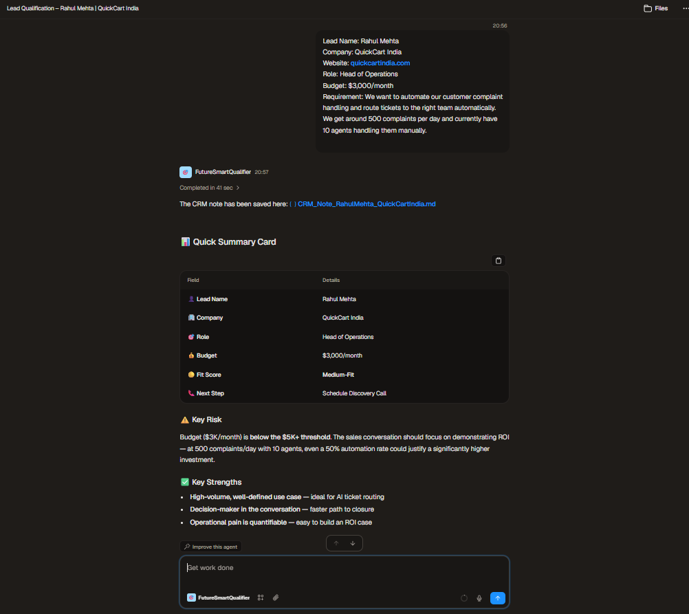 Output artifact for "Lead qualification and CRM note generation" test: Dust classified Rahul Mehta as Medium-Fit, produced a structured CRM-style summary, and saved the note as part of the workspace output., image-3.png