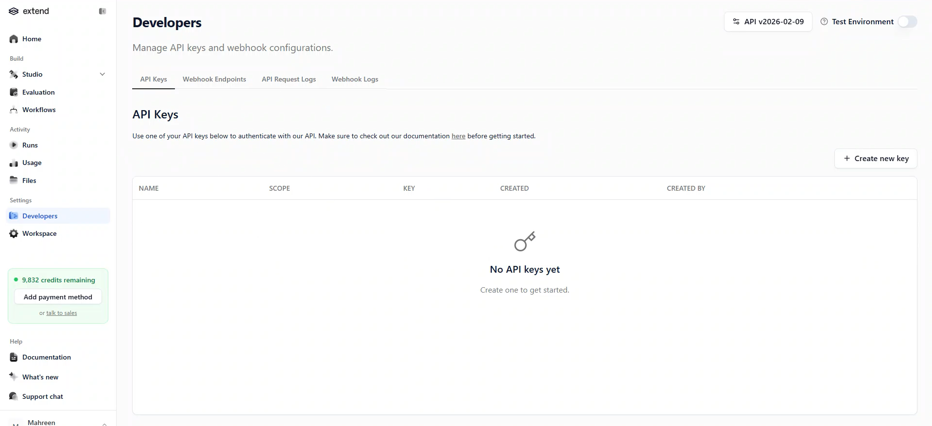 Output artifact for "API-based markdown export" test: The Developers section shows an API Keys page with a 'Create new key' button, API documentation references, and request-log sections. That confirms the product, extend-ai-extendai-developers-api-keys-empty-state.png