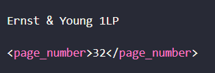 Output artifact for "OCR for signatures, stamps, and faint markings" test: From a blurred Ernst & Young LLP stamp, the output still recovered the firm name and added a page-number tag. That shows Extend AI can pull useful text from low, extend-ai-parsed-ernst-young-stamp-page-number.png