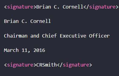 Output artifact for "OCR for signatures, stamps, and faint markings" test: From the Target sign-off block, Extend AI captured 'Brian C. Cornell,' the title 'Chairman and Chief Executive Officer,' and the date 'March 11, 2016.' It also, extend-ai-parsed-signature-block-brian-c-cornell.png