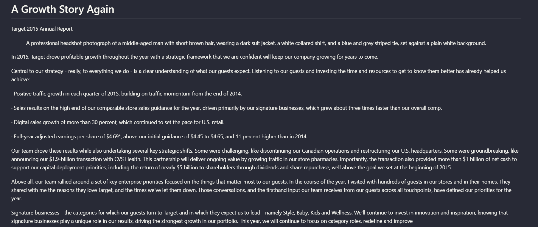 Output artifact for "Document hierarchy preservation" test: On the Target annual report page, Extend AI preserved the title, report label, paragraphs, and bullet list in readable order, and it inserted a textual descript, extend-ai-target-annual-report-extracted-text-page.png