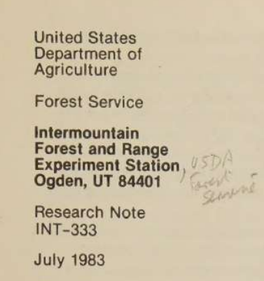 Input artifact for "OCR for signatures, stamps, and faint markings" test: USDA cover page with faint handwritten marginal notes., extend-ai-usda-forest-service-research-note-cover-handwritten.png