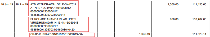 Nanonets output showing Bank statement transaction output