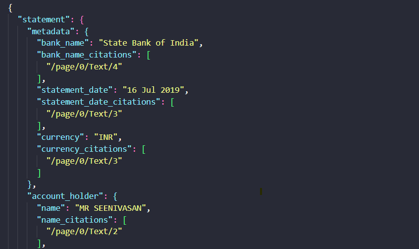 Datalab output showing Bank statement metadata
