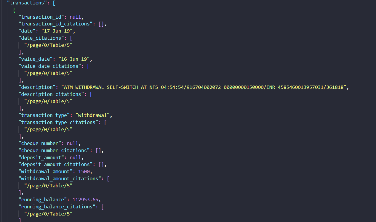 Datalab output showing Bank statement transaction output
