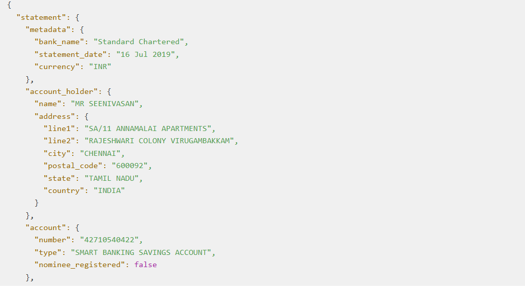 Nanonets output showing Bank statement metadata