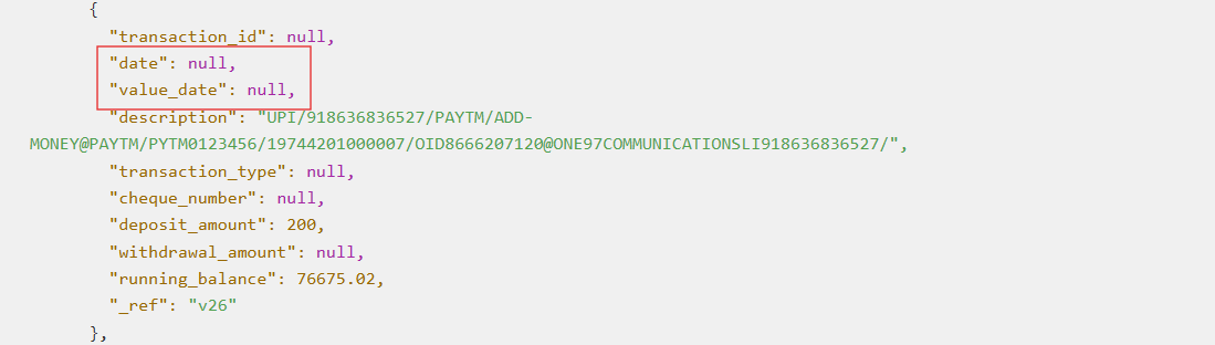 Nanonets output showing Bank statement transaction output