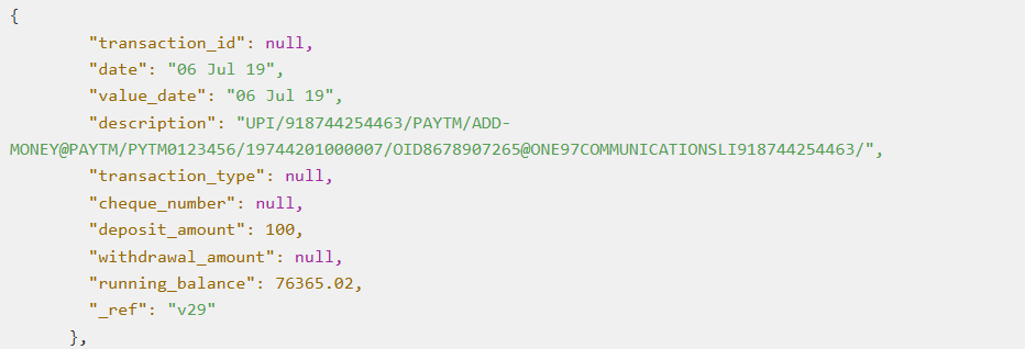 Nanonets output showing Bank statement transaction output