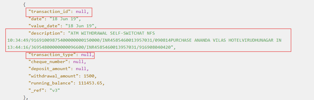 Nanonets output showing Bank statement transaction output