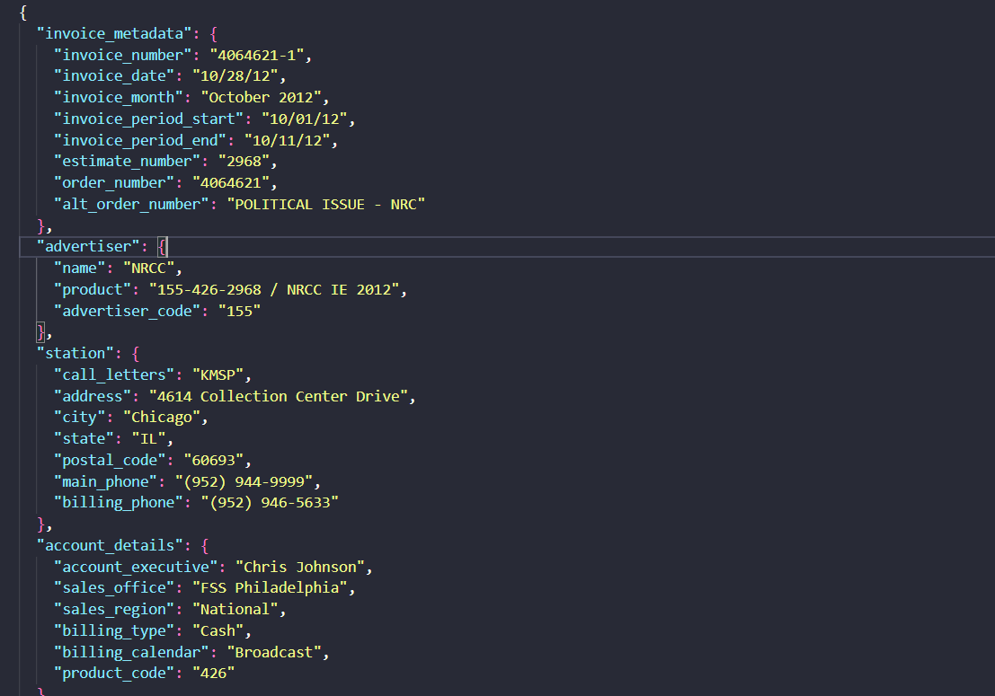 Nanonets output showing Invoice metadata