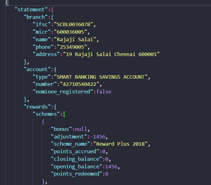 Extend AI output showing Bank statement metadata