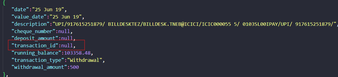 Extend AI output showing Bank statement transaction output